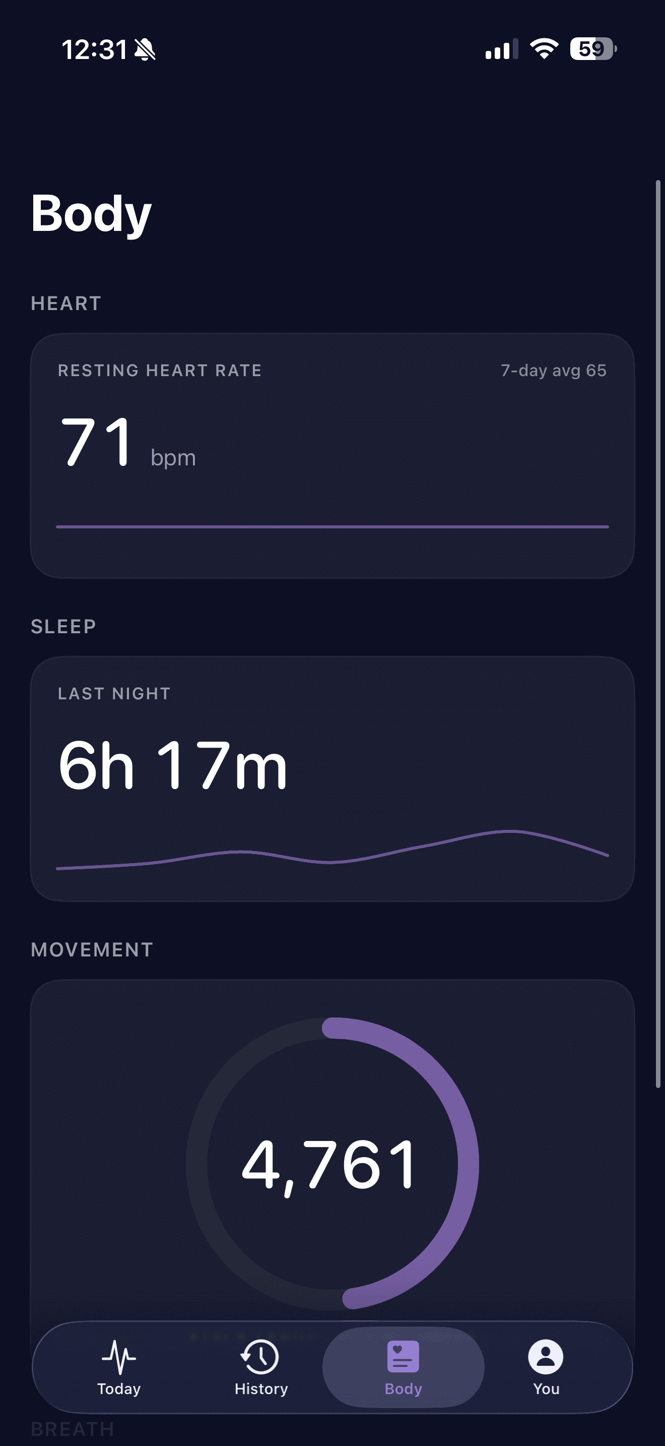 Trana Body tab — resting heart rate 71 bpm with 7-day average 65, last night sleep 6h 17m, movement 4,761 steps