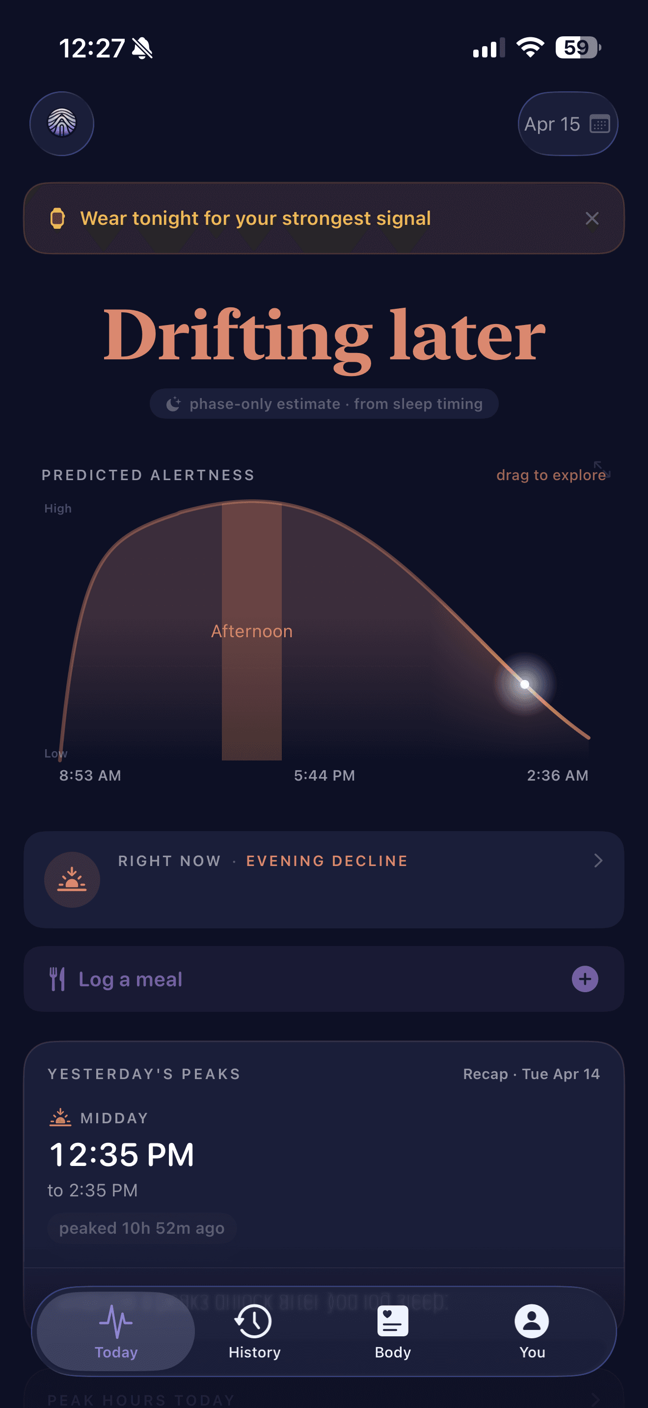 Trana Today screen in Drifting later state — 8 days in the 60s, phase-only estimate from sleep timing, predicted alertness curve shows afternoon peak, Right Now evening decline card